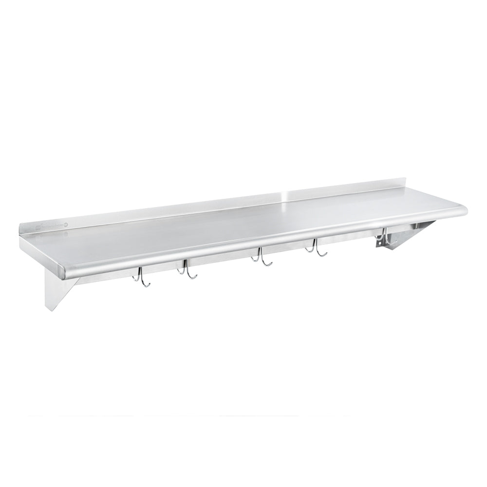 Kitchen Tek 430 Stainless Steel Wall Mounted Pot Rack - with Shelf, 5 Galvanized Hooks - 12" x 60" - 1 count box