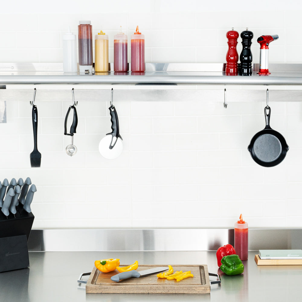 Kitchen Tek 430 Stainless Steel Wall Mounted Pot Rack - with Shelf, 5 Galvanized Hooks - 12" x 60" - 1 count box