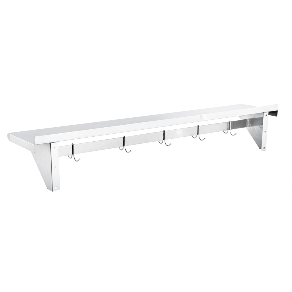 Kitchen Tek 430 Stainless Steel Wall Mounted Pot Rack - with Shelf, 5 Galvanized Hooks - 12" x 60" - 1 count box