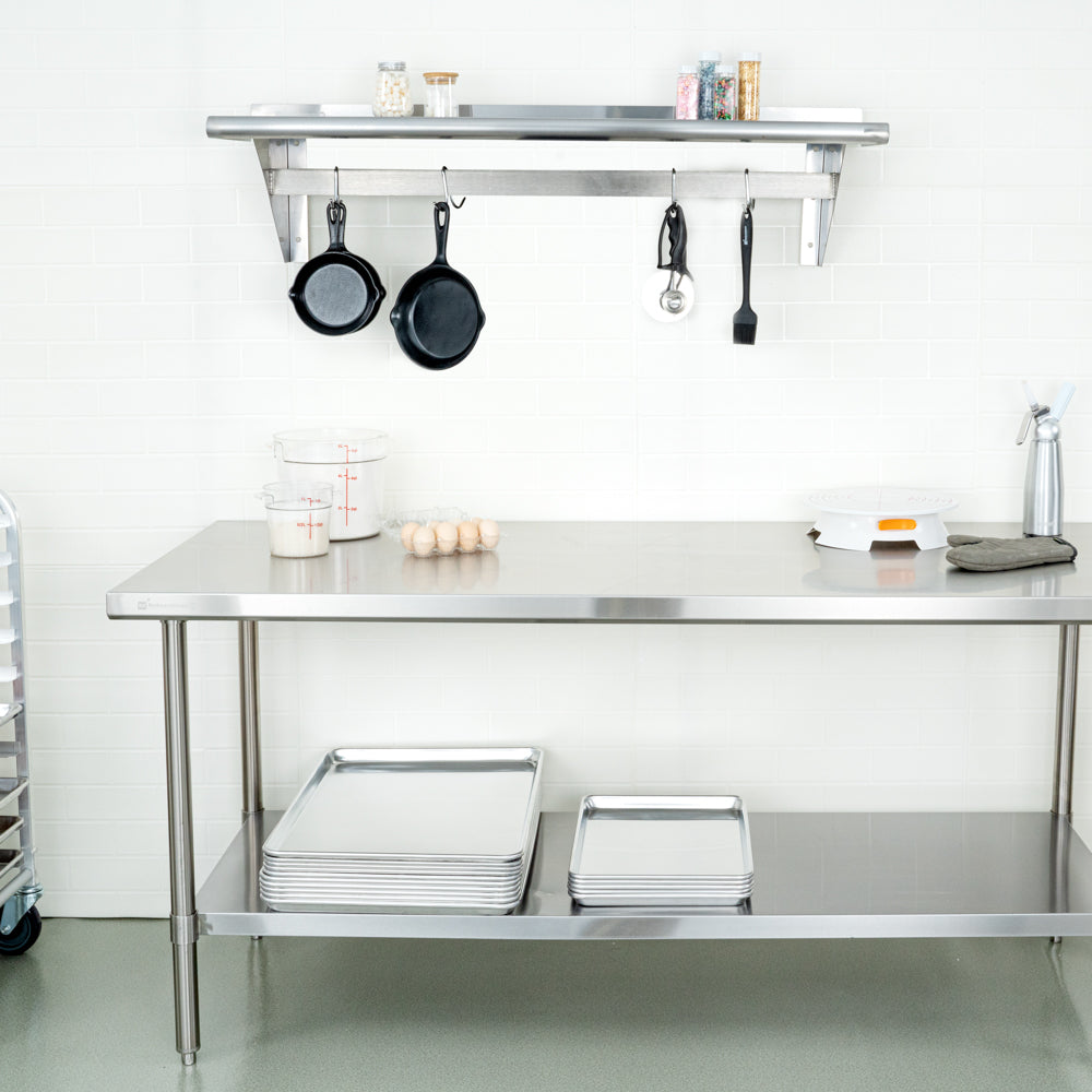 Kitchen Tek 430 Stainless Steel Wall Mounted Pot Rack - with Shelf, 4 Galvanized Hooks - 15" x 48" - 1 count box