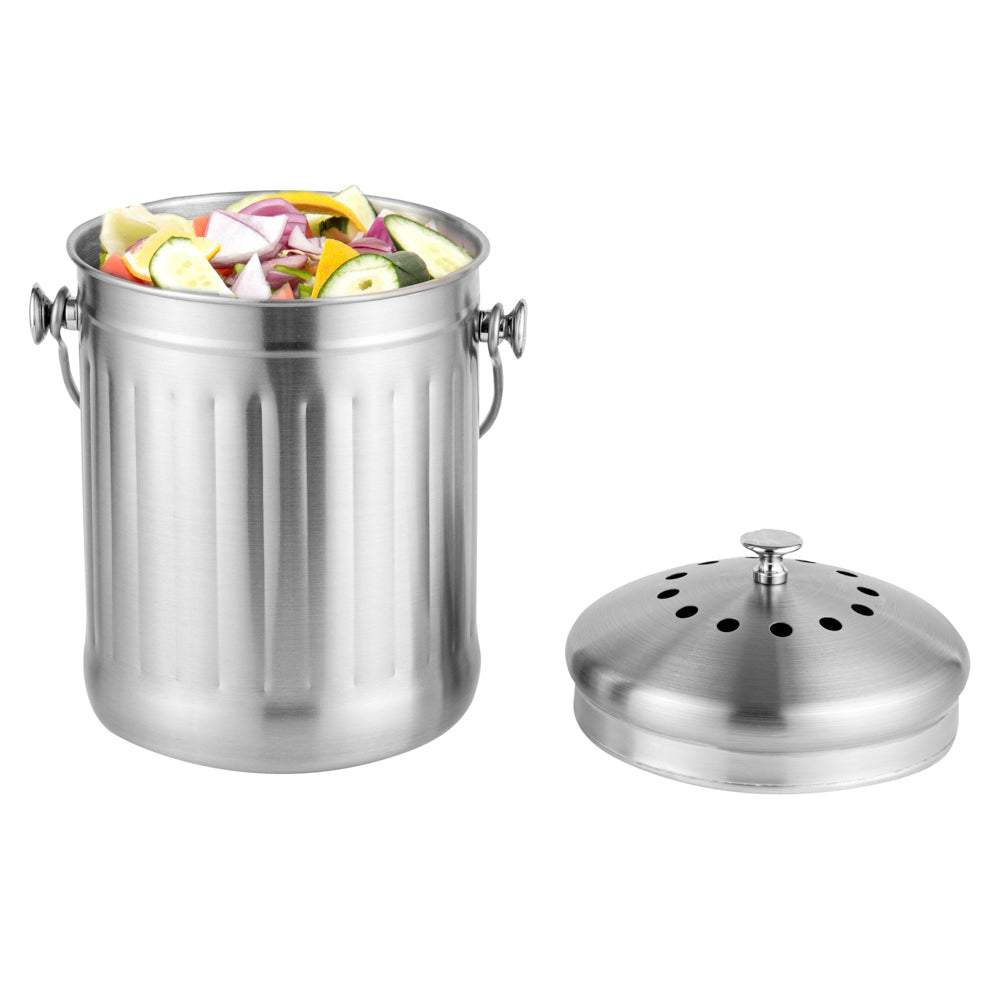 RW Clean 1 gal Stainless Steel Compost Bin - Charcoal Filter - 7 1/4" x 7 1/4" x 11" - 1 count box