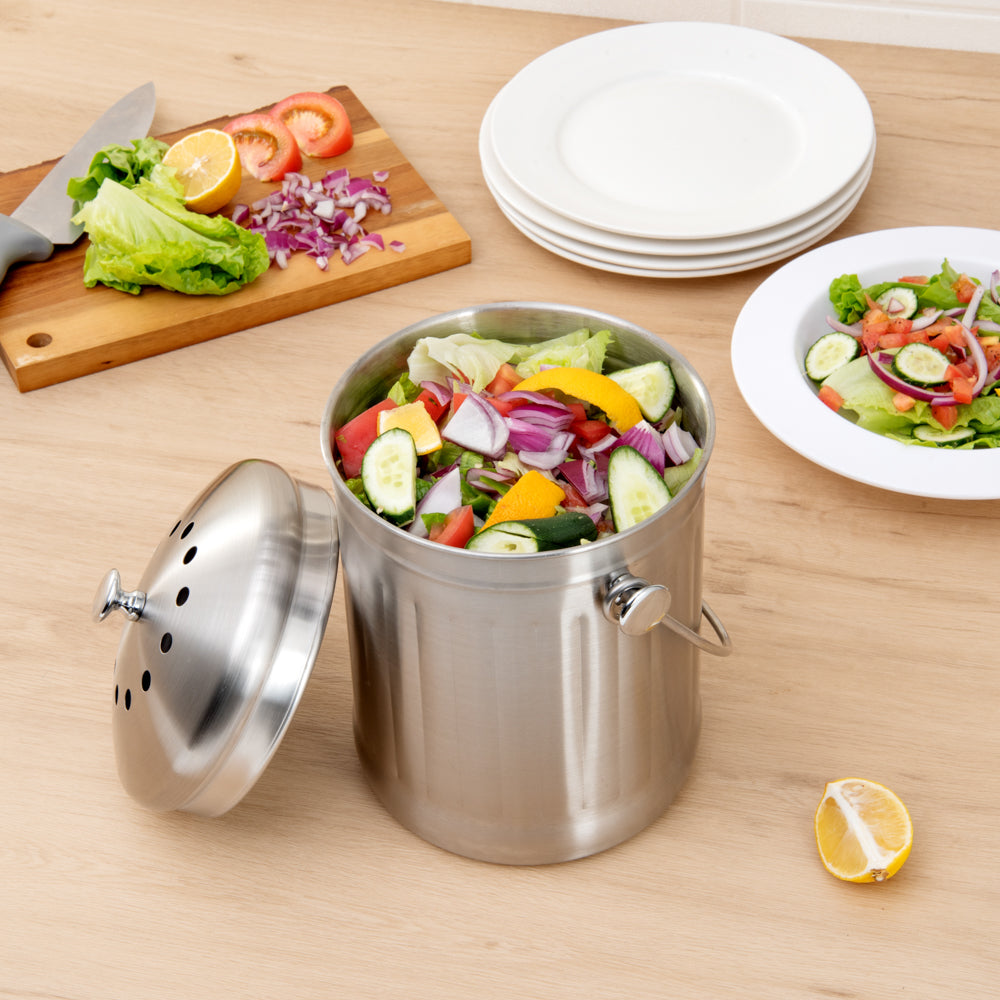 RW Clean 1 gal Stainless Steel Compost Bin - Charcoal Filter - 7 1/4" x 7 1/4" x 11" - 1 count box