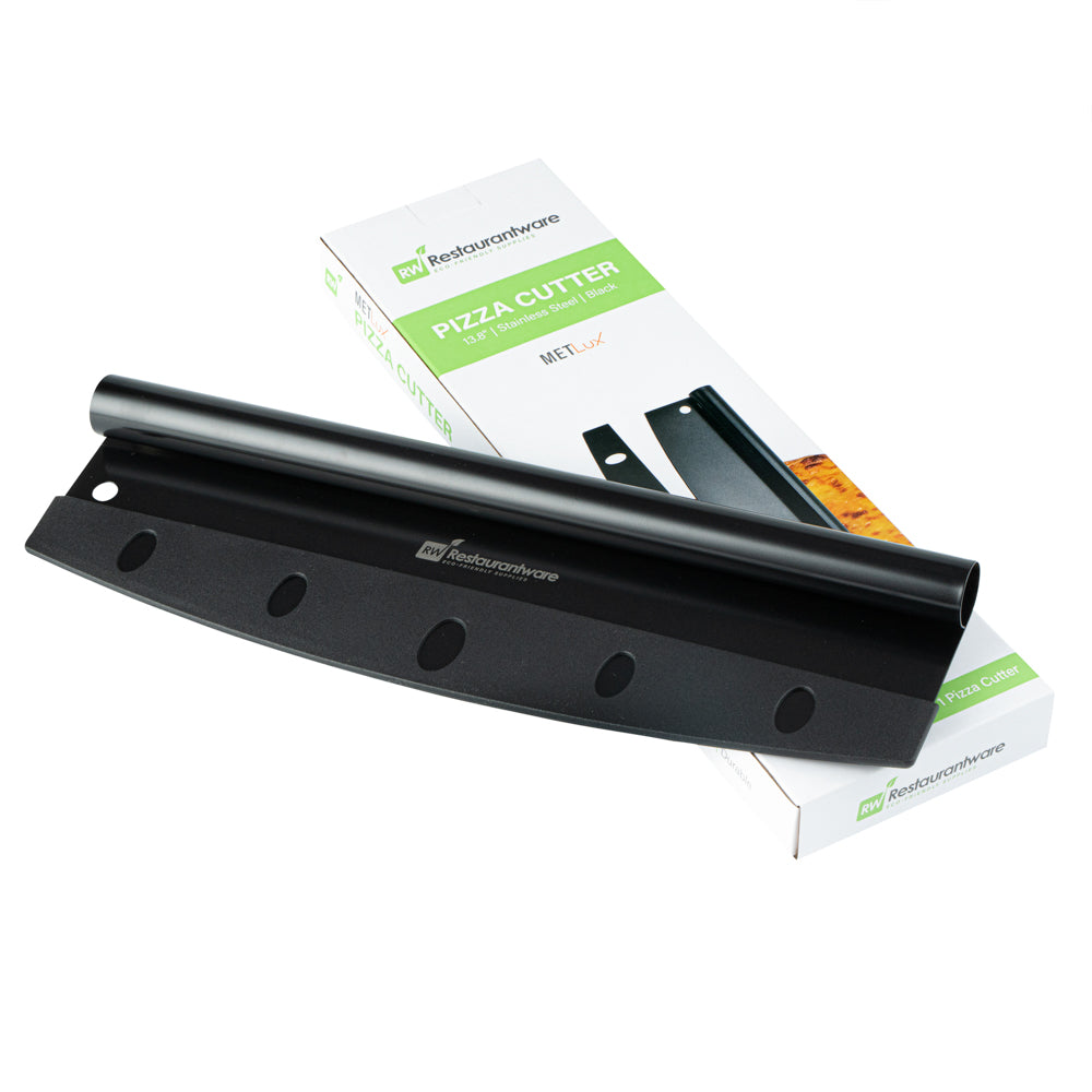Met Lux Black Stainless Steel Pizza Cutter / Rocker - with Cover - 13 3/4" x 3 1/2" - 1 count box