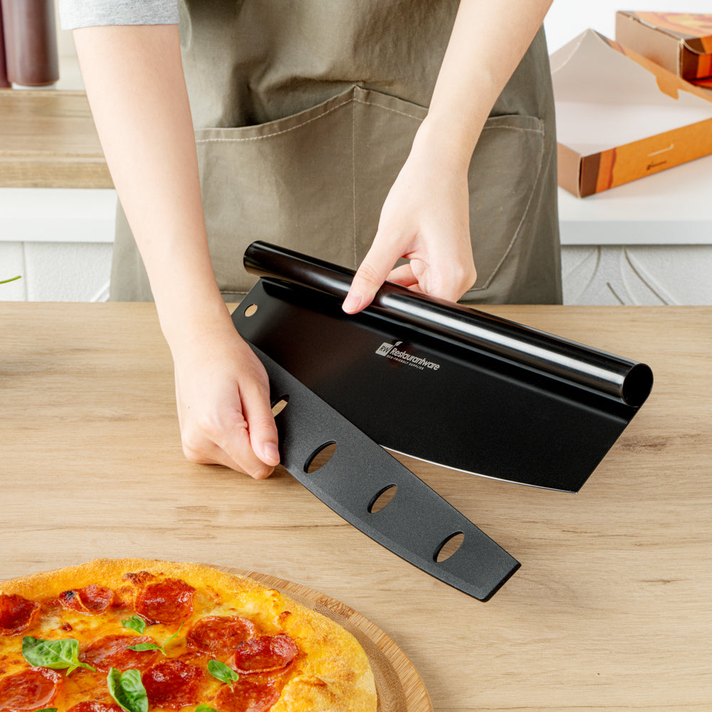 Met Lux Black Stainless Steel Pizza Cutter / Rocker - with Cover - 13 3/4" x 3 1/2" - 1 count box