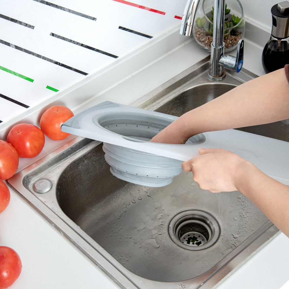 Chef 101 Gray Plastic Over the Sink Cutting Board - with Collapsible Strainer - 19 3/4" x 11 1/4" - 1 count box