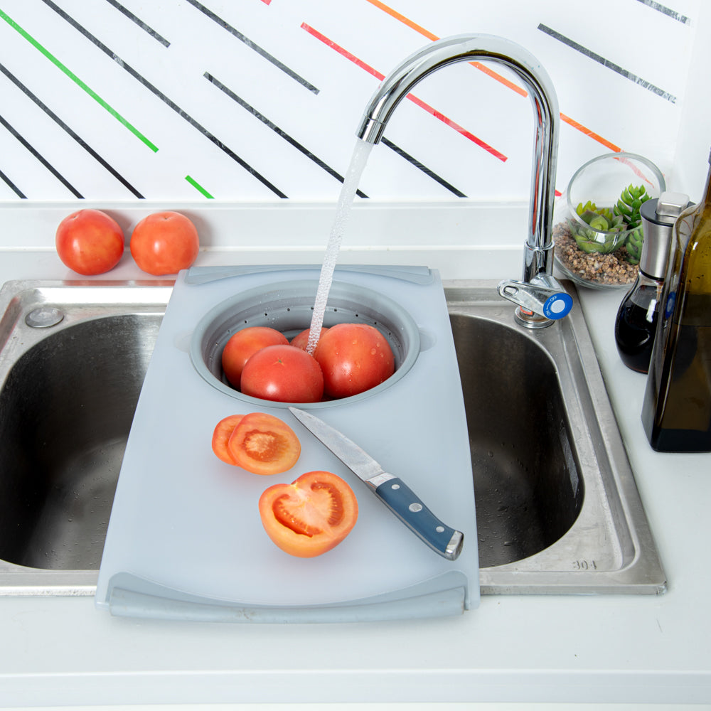 Chef 101 Gray Plastic Over the Sink Cutting Board - with Collapsible Strainer - 19 3/4" x 11 1/4" - 1 count box