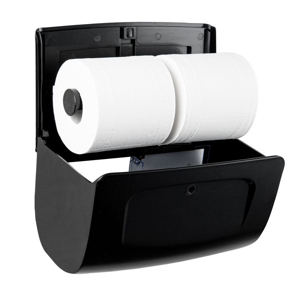 Clean Tek Professional Black Plastic Standard Toilet Paper Dispenser - Double Roll - 10 1/2" x 6 1/4" x 6 1/4" - 1 count box