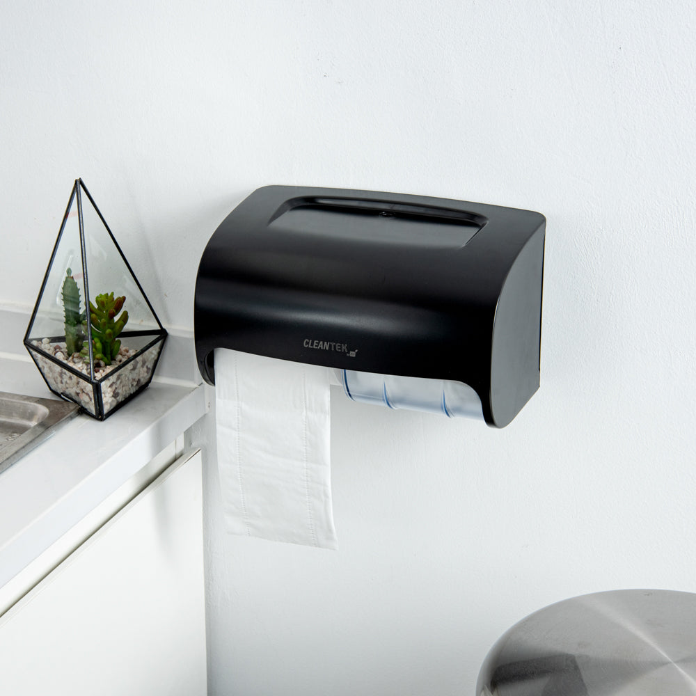 Clean Tek Professional Black Plastic Standard Toilet Paper Dispenser - Double Roll - 10 1/2" x 6 1/4" x 6 1/4" - 1 count box