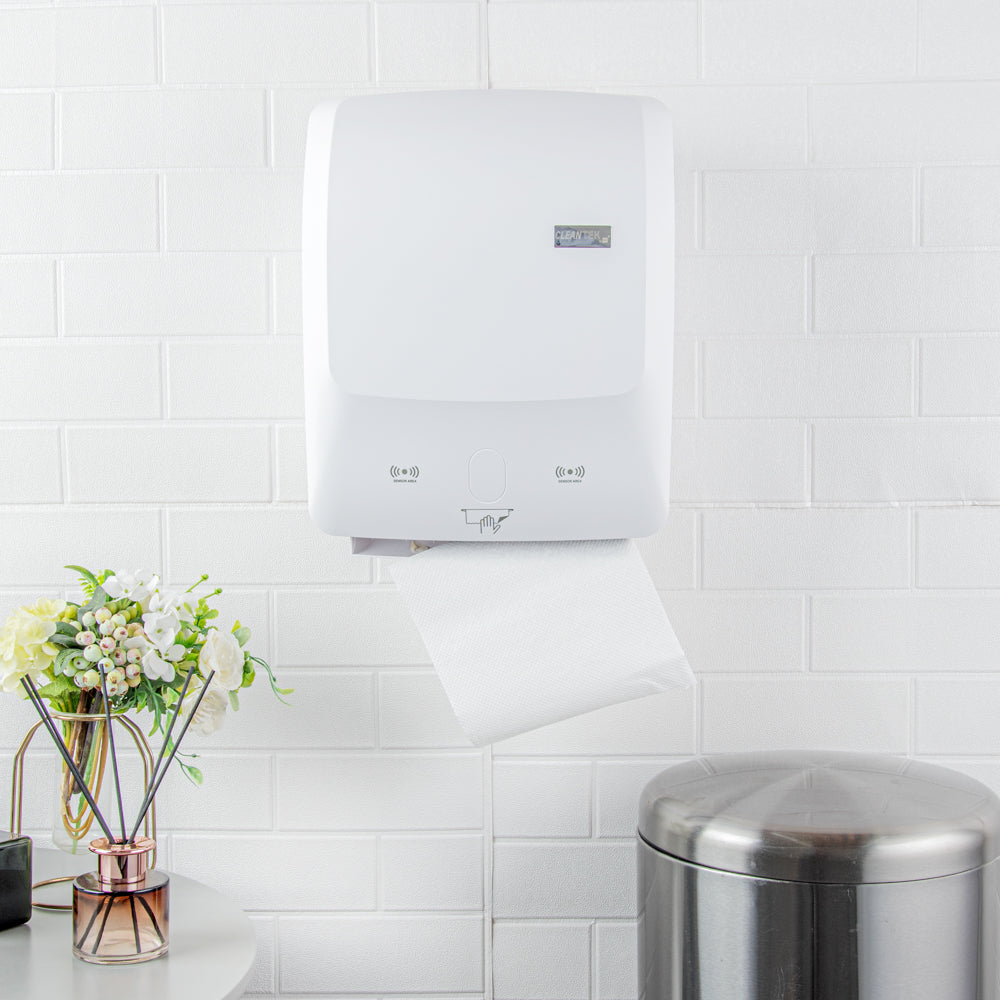 Clean Tek Professional White Plastic 8" Hands-Free Autocut Paper Towel Roll Dispenser - 12" x 8 3/4" x 15 1/2" - 1 count box