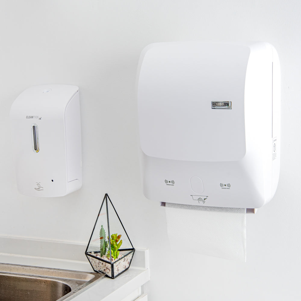 Clean Tek Professional White Plastic 8" Hands-Free Autocut Paper Towel Roll Dispenser - 12" x 8 3/4" x 15 1/2" - 1 count box