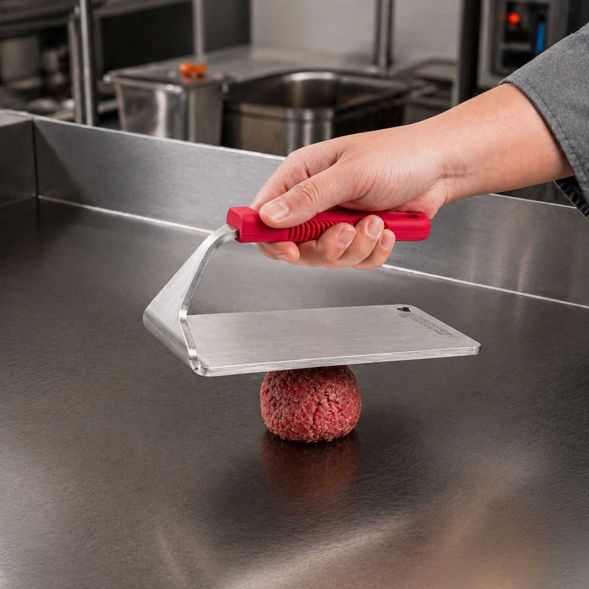 Met Lux Stainless Steel Steak Weight - with Silicone Handle - 8 1/2" x 4 1/4" - 1 count box