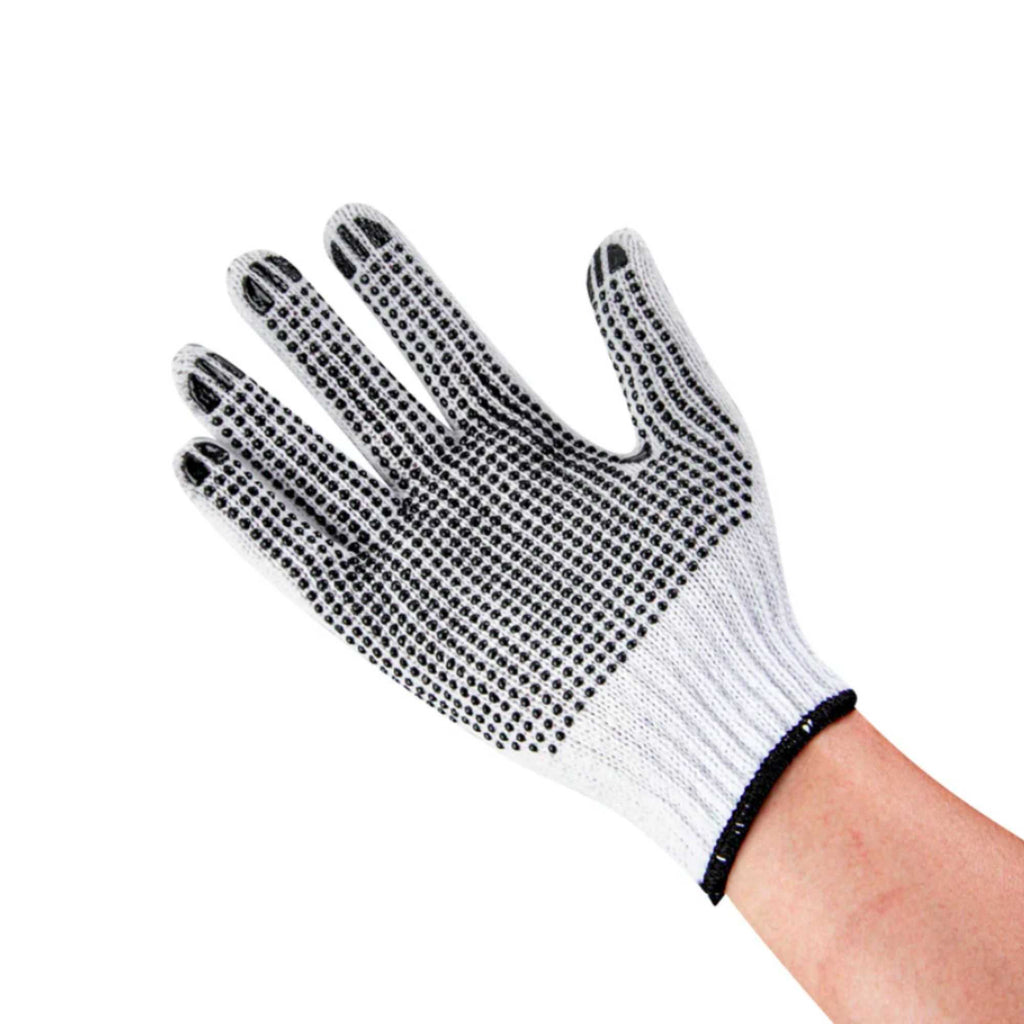 Chef 101 White Poly-Cotton Medium Work Gloves - with Black PVC Dots - 9" x 5 1/2" - Pair - 6 count box