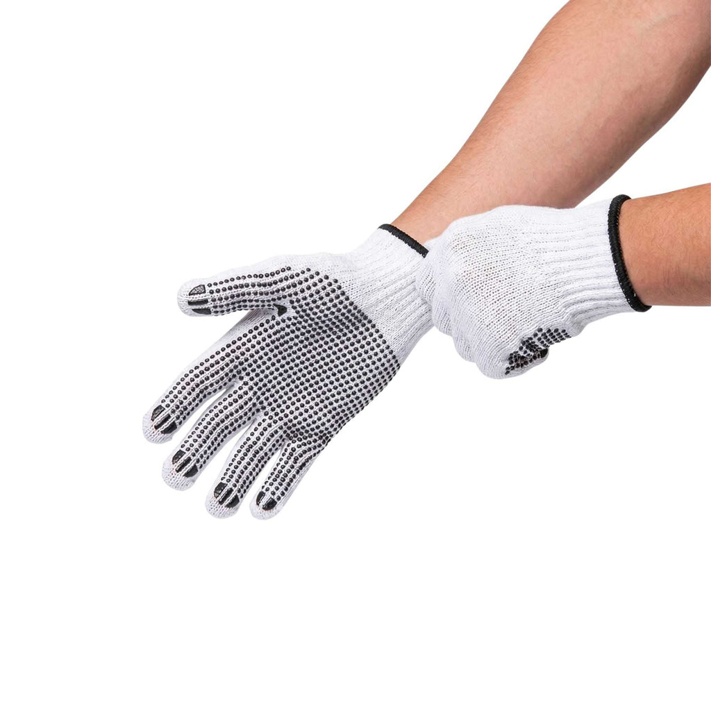 Chef 101 White Poly-Cotton Medium Work Gloves - with Black PVC Dots - 9" x 5 1/2" - Pair - 6 count box