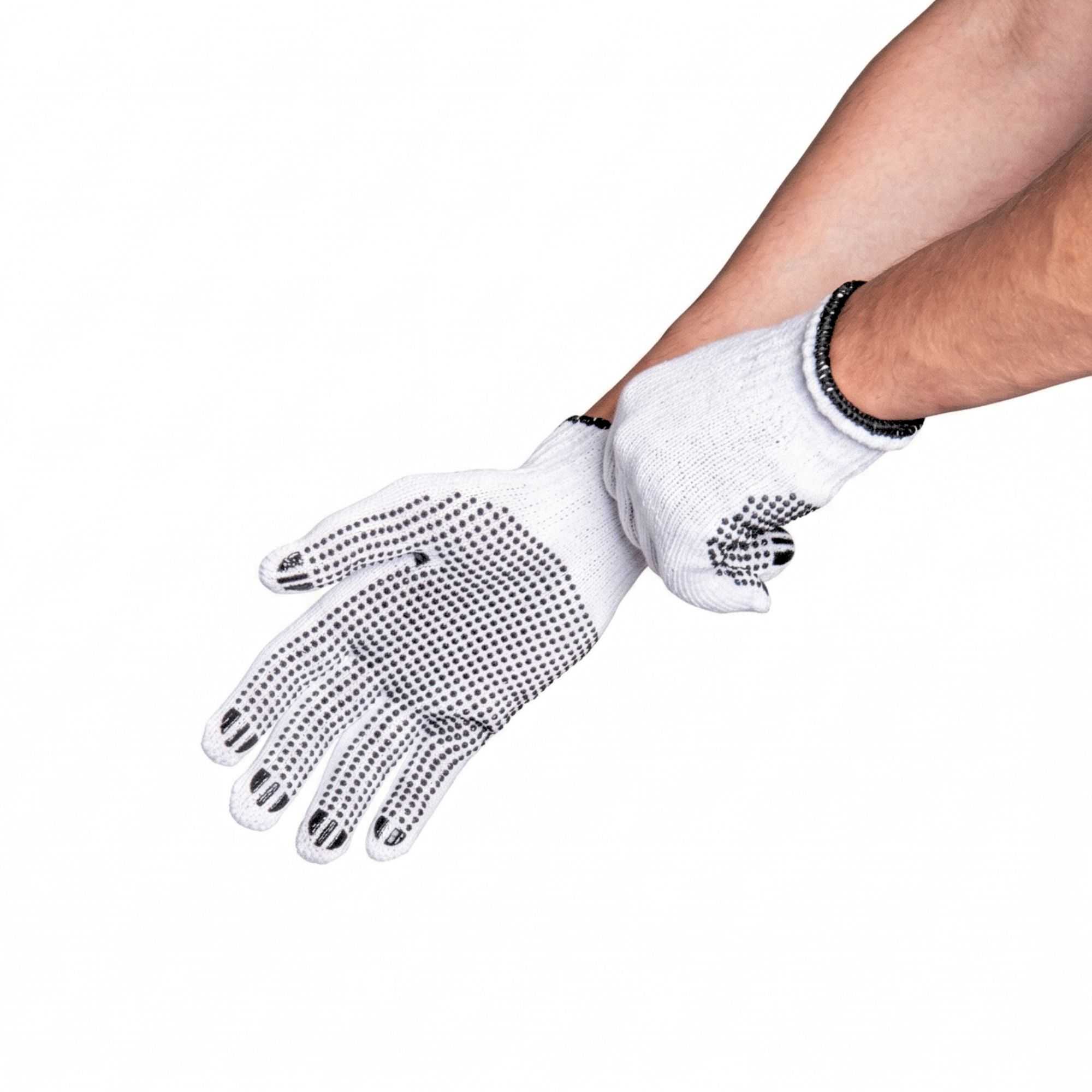 Chef 101 White Poly-Cotton Large Work Gloves - with Black PVC Dots - 10" x 6" - Pair - 6 count box