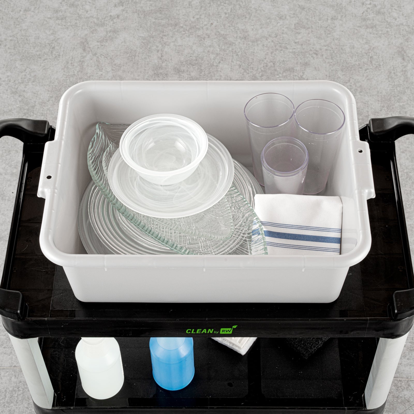 RW Clean Gray Plastic Bus Tub - Deep, Easy Grip - 20" x 15" x 7" - 10 count box