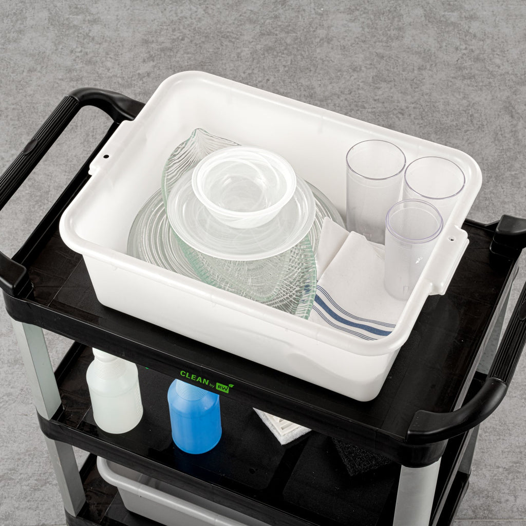 RW Clean White Plastic Bus Tub - Deep, Easy Grip - 20" x 15" x 7" - 10 count box