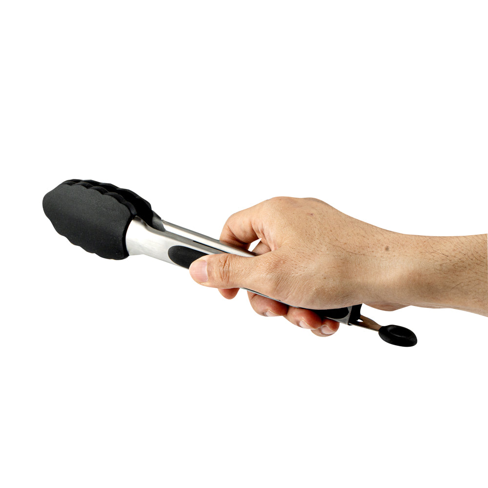 Met Lux Black Stainless Steel Kitchen Tong - Scalloped - 9" x 1 1/2" x 1" - 1 count box