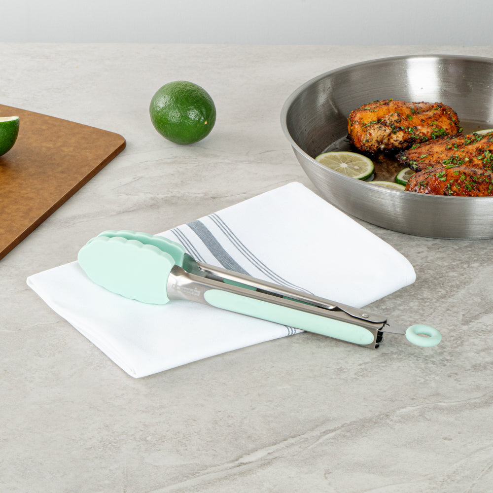 Met Lux Teal Stainless Steel Kitchen Tong - Scalloped - 9" x 1 1/2" x 1" - 1 count box