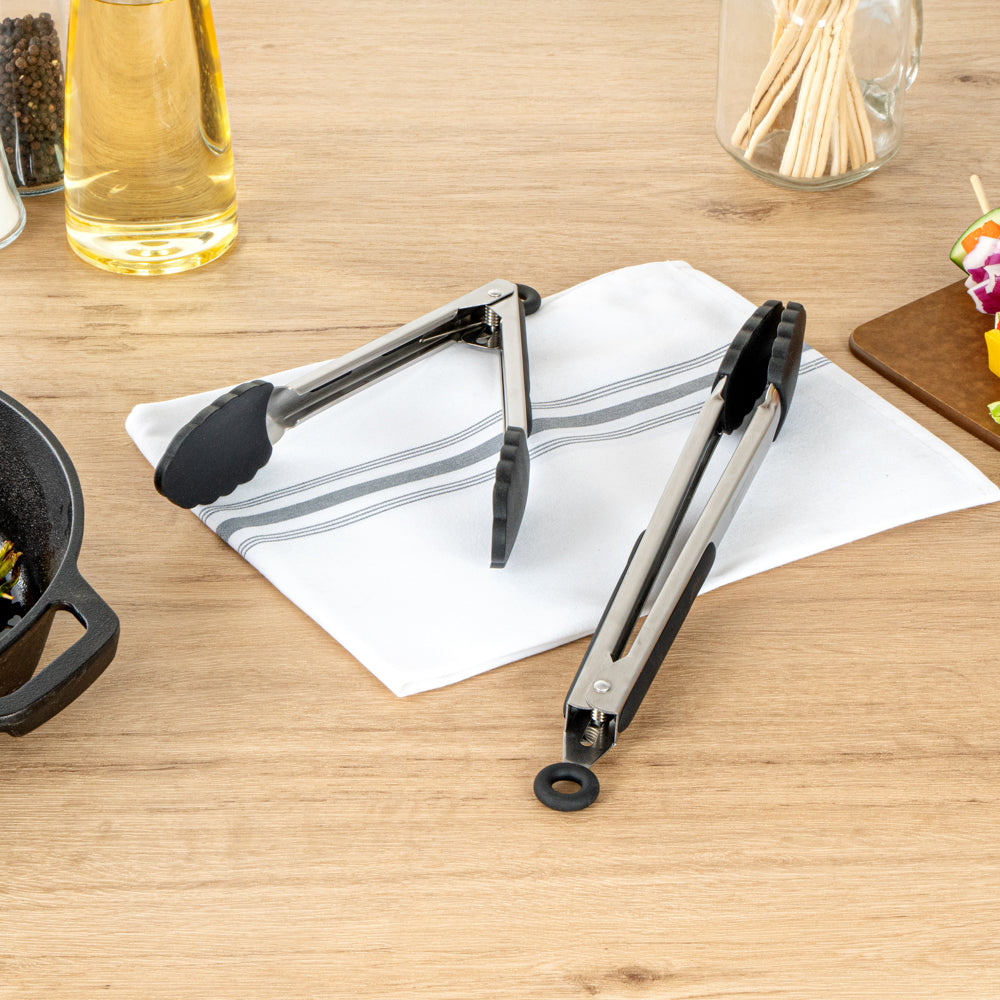 Met Lux Black Stainless Steel 2-Piece Kitchen Tong Set - Scalloped - 12" x 1 3/4" x 2" - 1 count box