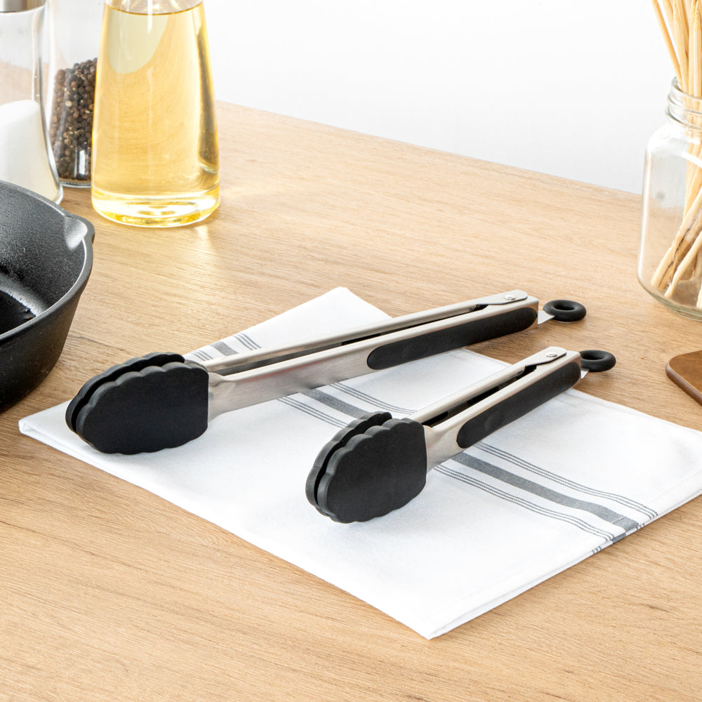 Met Lux Black Stainless Steel 2-Piece Kitchen Tong Set - Scalloped - 12" x 1 3/4" x 2" - 1 count box