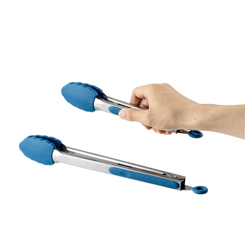Met Lux Blue Stainless Steel 2-Piece Kitchen Tong Set - Scalloped - 12" x 1 3/4" x 2" - 1 count box