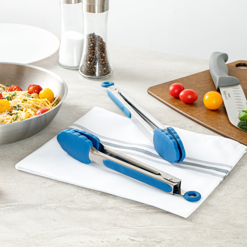 Met Lux Blue Stainless Steel 2-Piece Kitchen Tong Set - Scalloped - 12" x 1 3/4" x 2" - 1 count box