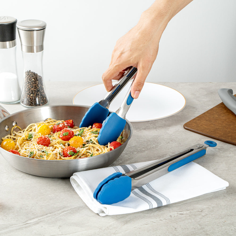 Met Lux Blue Stainless Steel 2-Piece Kitchen Tong Set - Scalloped - 12" x 1 3/4" x 2" - 1 count box
