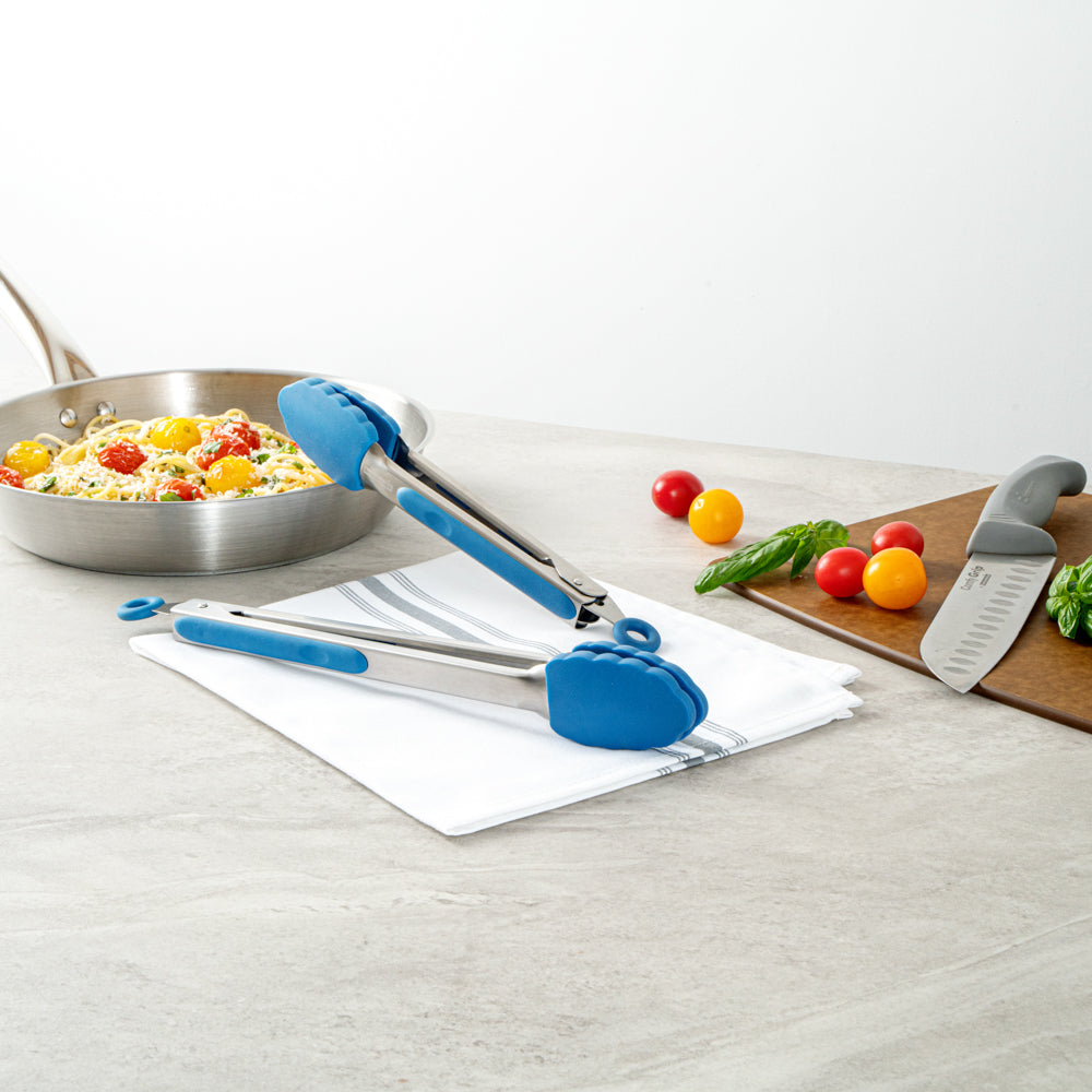 Met Lux Blue Stainless Steel 2-Piece Kitchen Tong Set - Scalloped - 12" x 1 3/4" x 2" - 1 count box