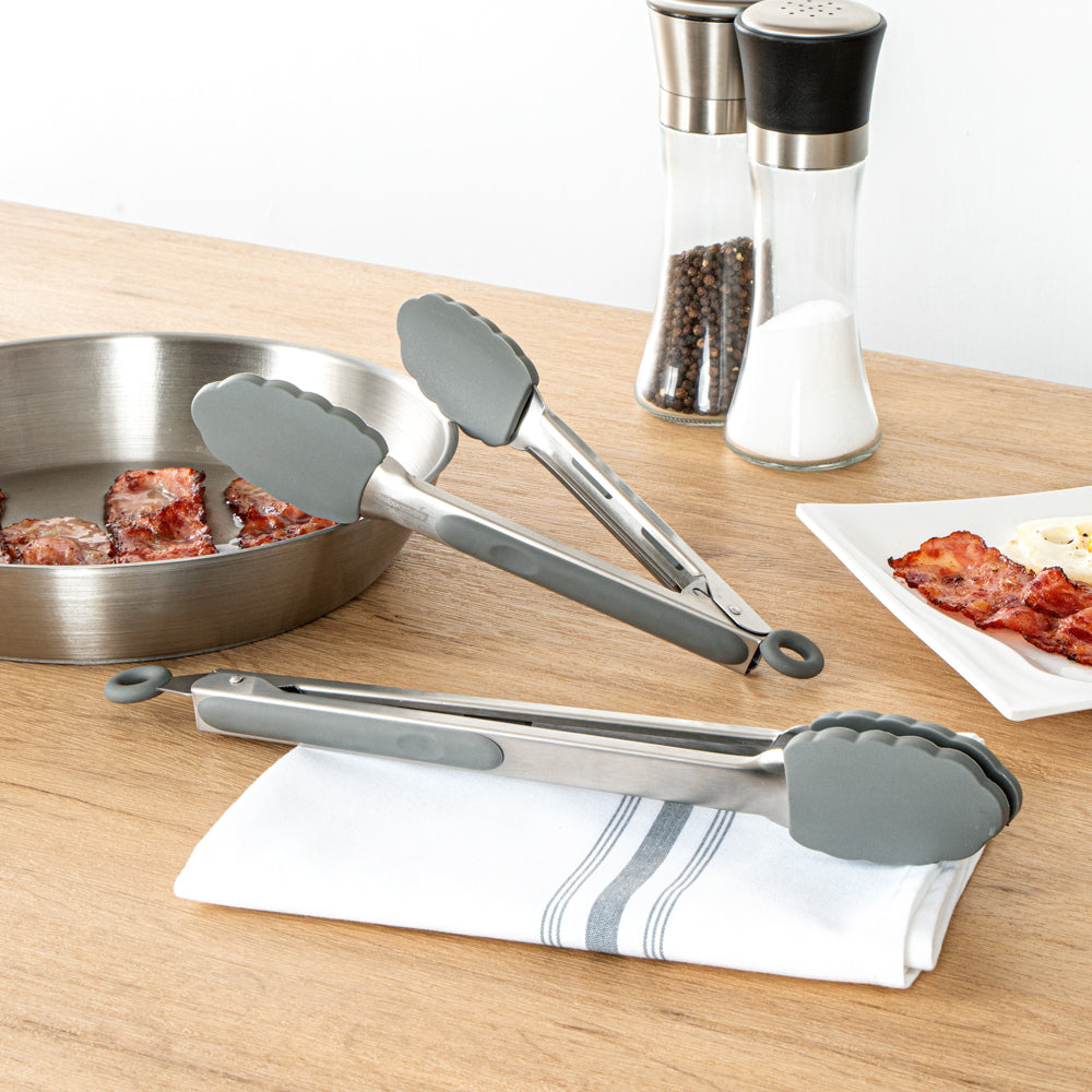Met Lux Gray Stainless Steel 2-Piece Kitchen Tong Set - Scalloped - 12" x 1 3/4" x 2" - 1 count box