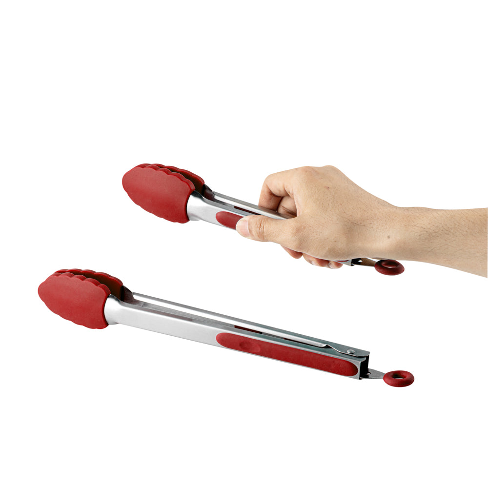 Met Lux Red Stainless Steel 2-Piece Kitchen Tong Set - Scalloped - 12" x 1 3/4" x 2" - 1 count box