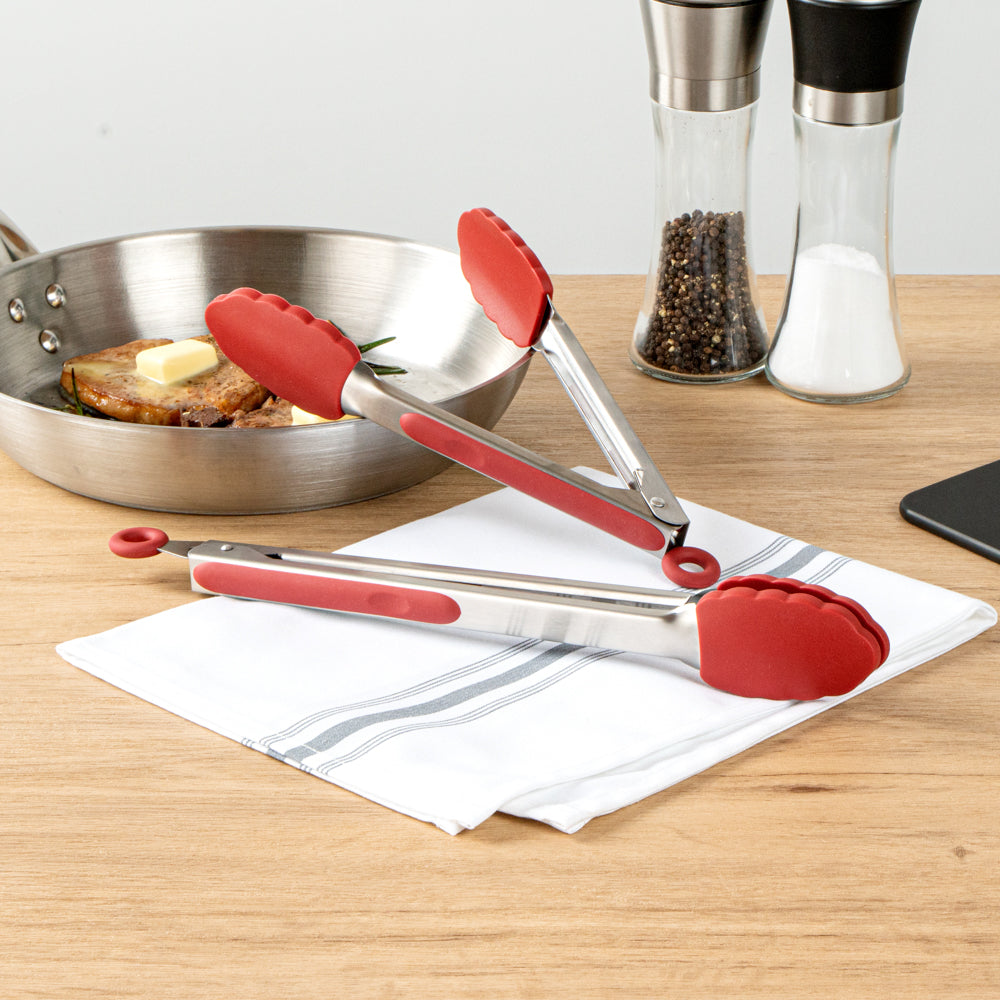 Met Lux Red Stainless Steel 2-Piece Kitchen Tong Set - Scalloped - 12" x 1 3/4" x 2" - 1 count box