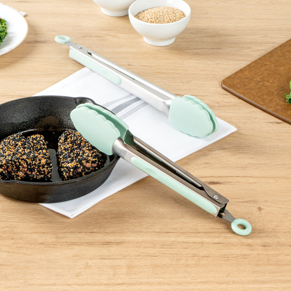 Met Lux Teal Stainless Steel 2-Piece Kitchen Tong Set - Scalloped - 12" x 1 3/4" x 2" - 1 count box