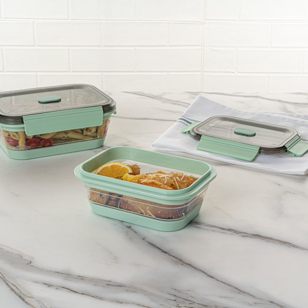 Fresh Hero 27 oz Green Plastic Airtight Food Storage Container - with Vented Lid, Collapsible - 7 1/4" x 5 1/2" x 2 3/4" - 1 count box