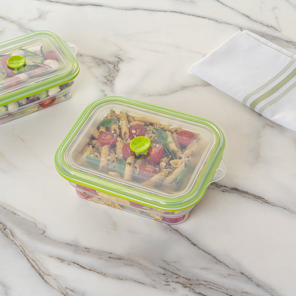 Fresh Hero 51 oz Green Silicone Airtight Food Storage Container - with Vented Lid, Collapsible - 9 1/4" x 7" x 3" - 20 count box