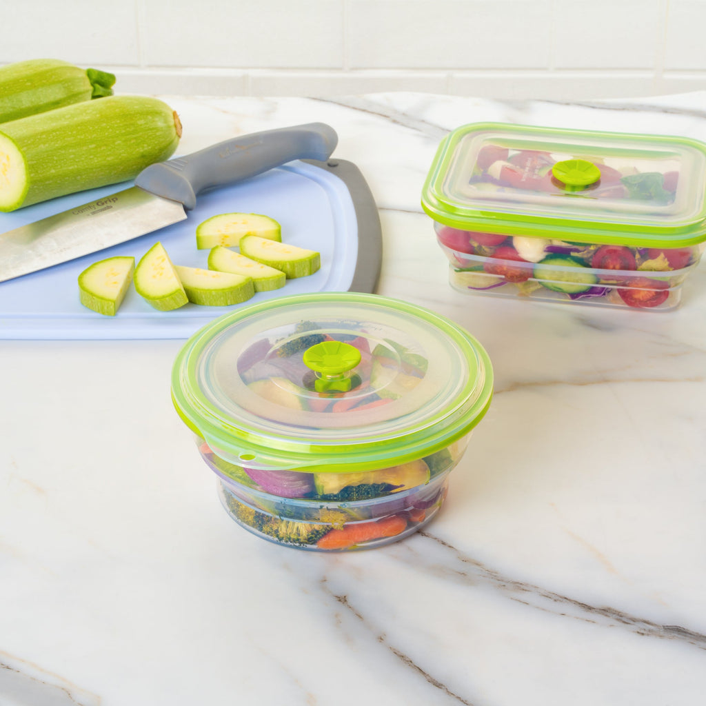 Fresh Hero 31 oz Green Silicone Airtight Food Storage Container - with Vented Lid, Collapsible - 7" x 7" x 3" - 20 count box