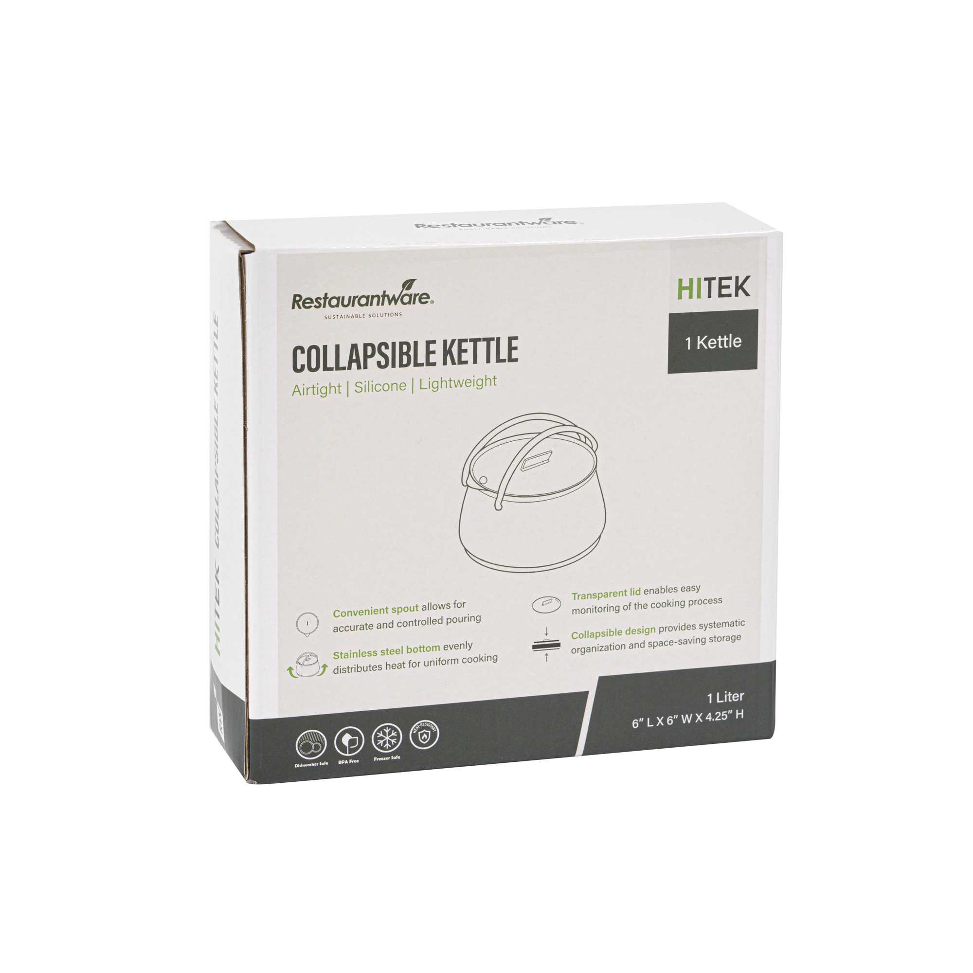 Hi Tek 1L Green Silicone Collapsible Kettle - with Lid - 6" x 6" x 4 1/4" - 1 count box