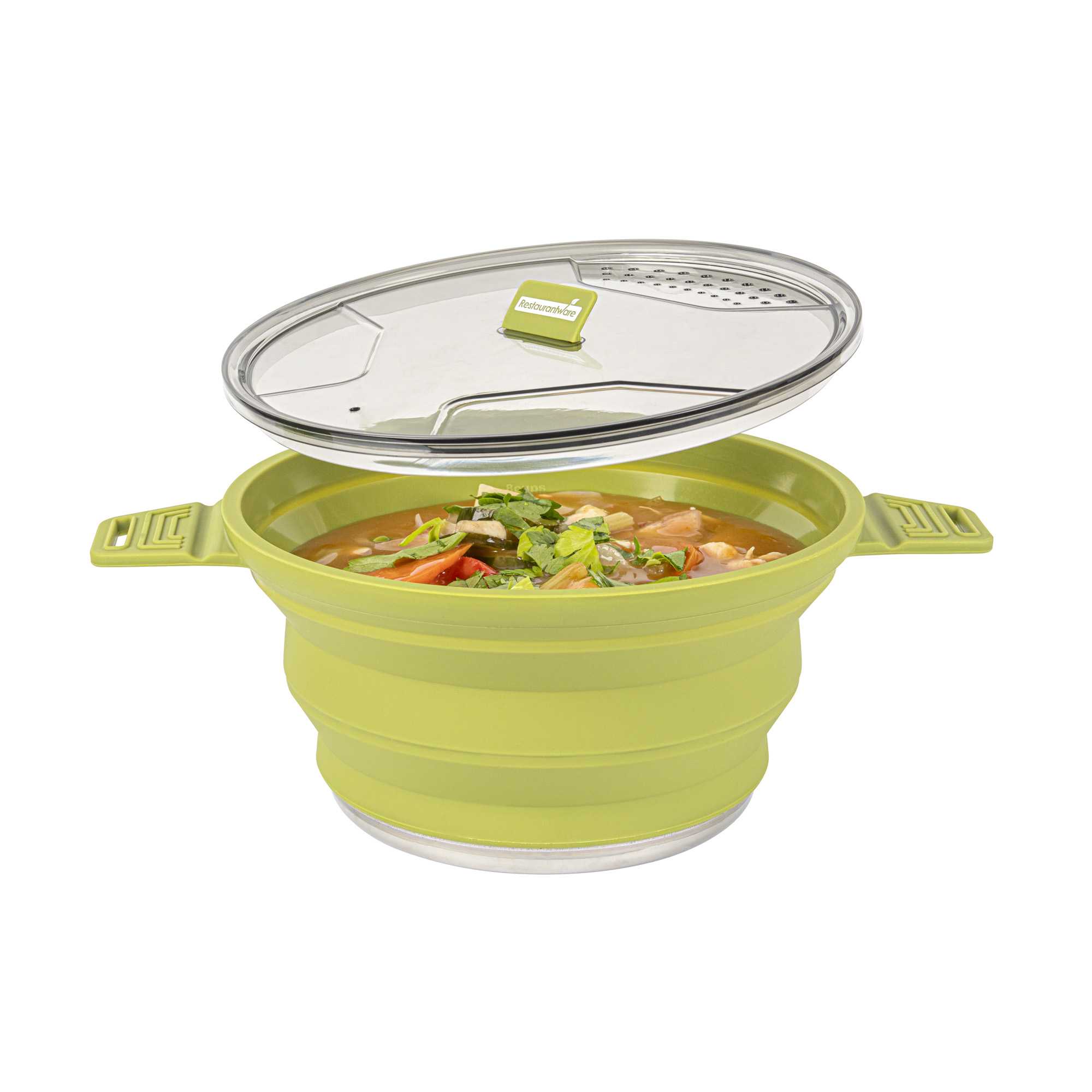 Hi Tek 2.5L Green Silicone Collapsible Pot - with Lid - 12 1/2" x 8 3/4" x 4 3/4" - 20 count box