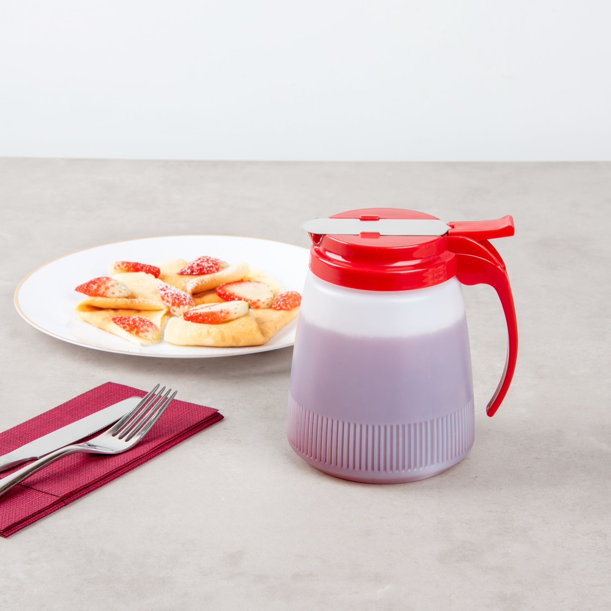 Chef 101 32 oz Red Plastic All Purpose / Syrup Dispenser - 5 1/2" x 4 1/2" x 5 3/4" - 10 count box