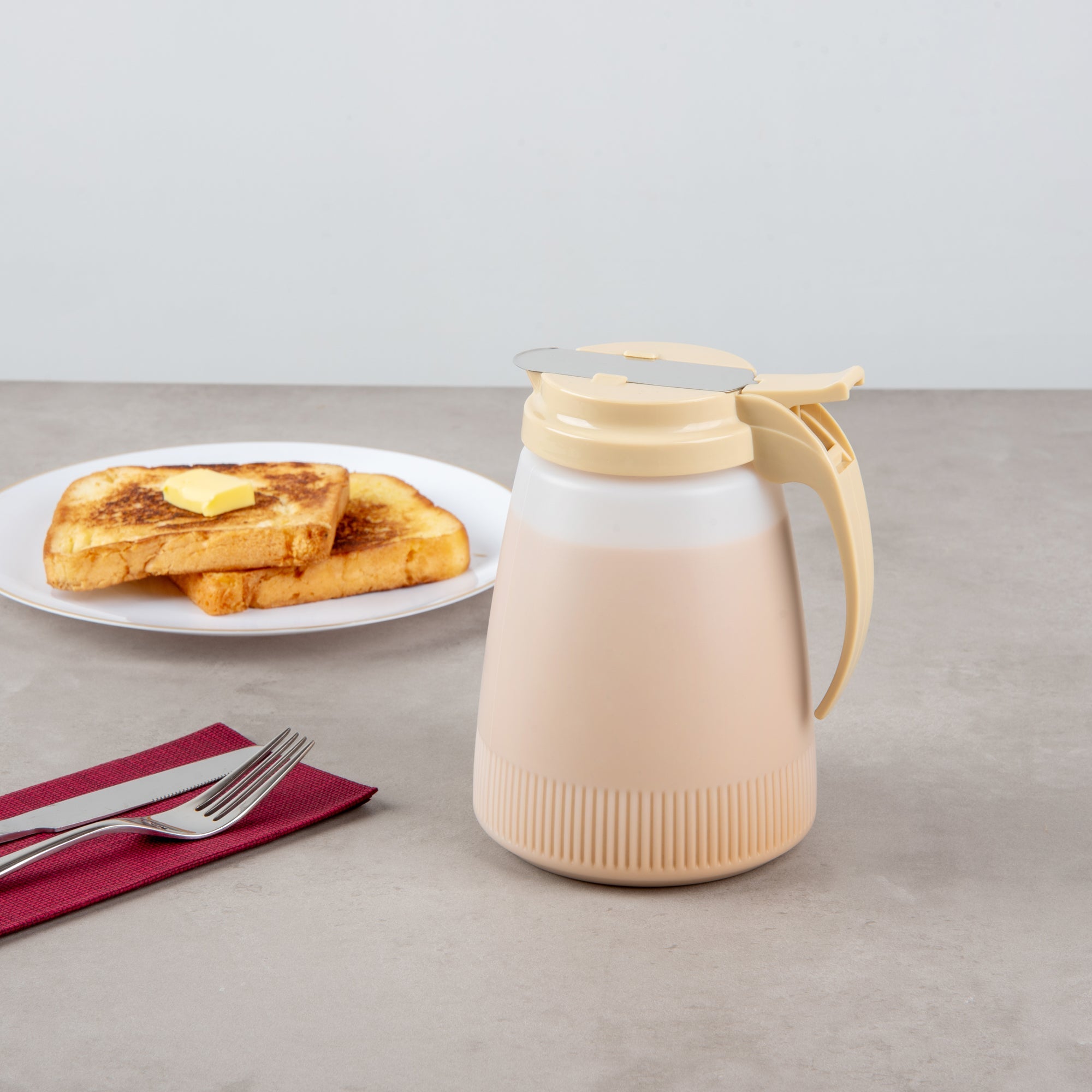 Chef 101 48 oz Beige Plastic All Purpose / Syrup Dispenser - 5 3/4" x 5" x 6 3/4" - 10 count box