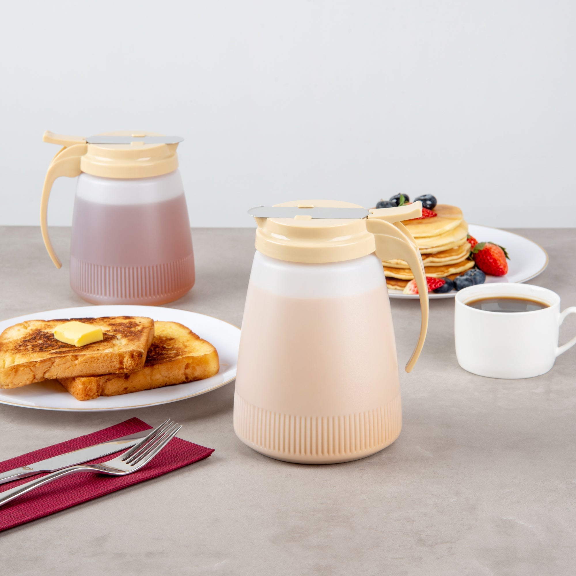 Chef 101 48 oz Beige Plastic All Purpose / Syrup Dispenser - 5 3/4" x 5" x 6 3/4" - 10 count box