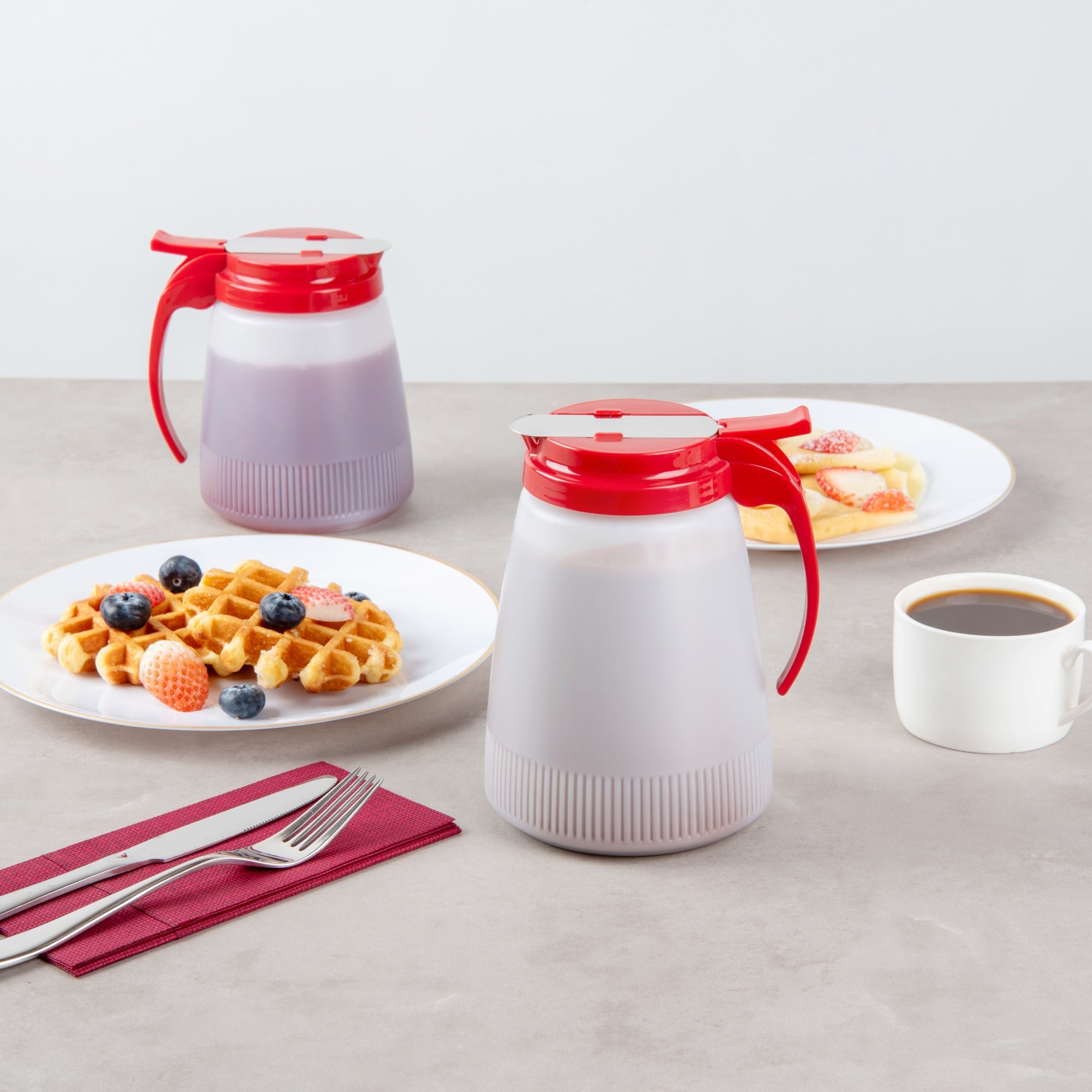 Chef 101 48 oz Red Plastic All Purpose / Syrup Dispenser - 5 3/4" x 5" x 6 3/4" - 1 count box