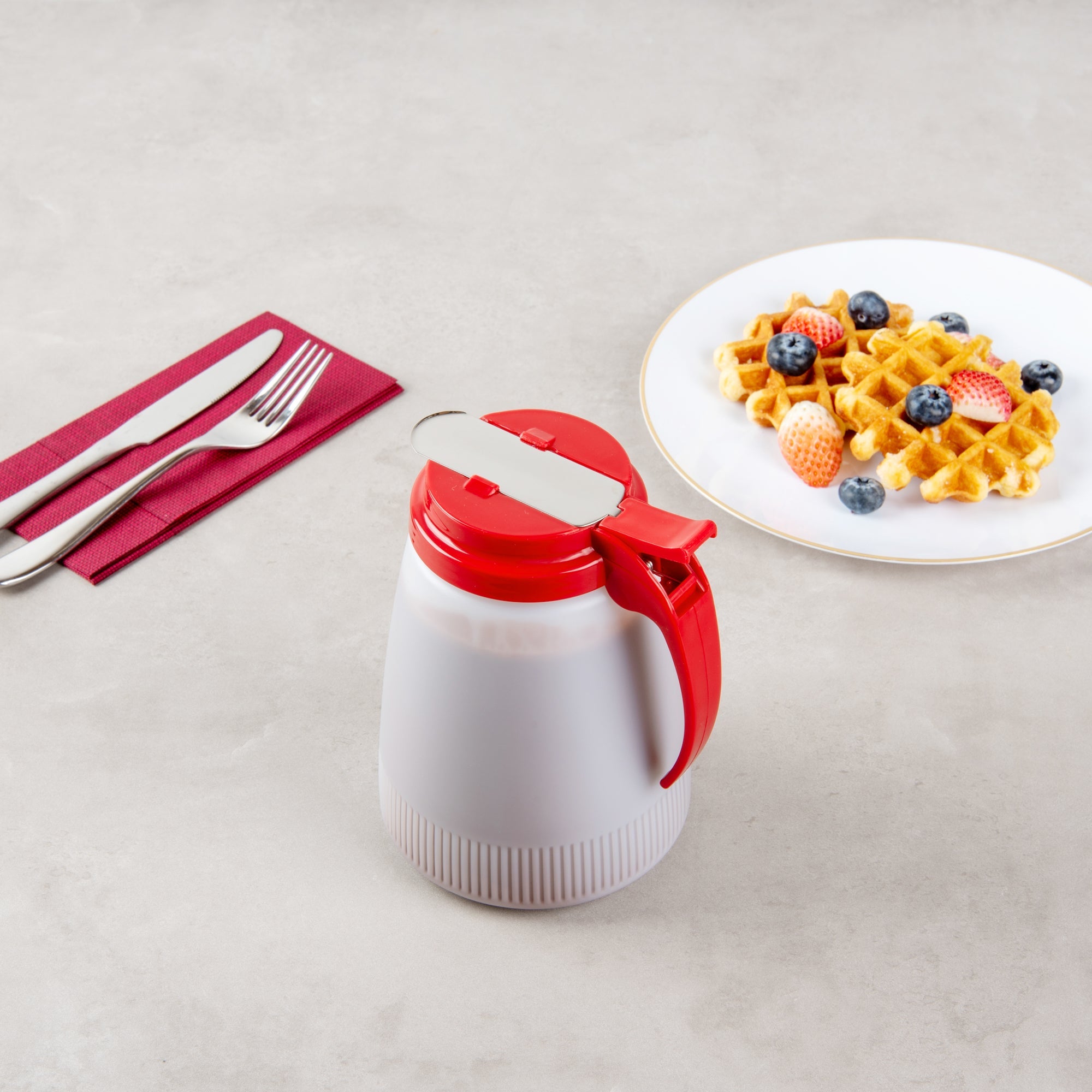 Chef 101 48 oz Red Plastic All Purpose / Syrup Dispenser - 5 3/4" x 5" x 6 3/4" - 10 count box