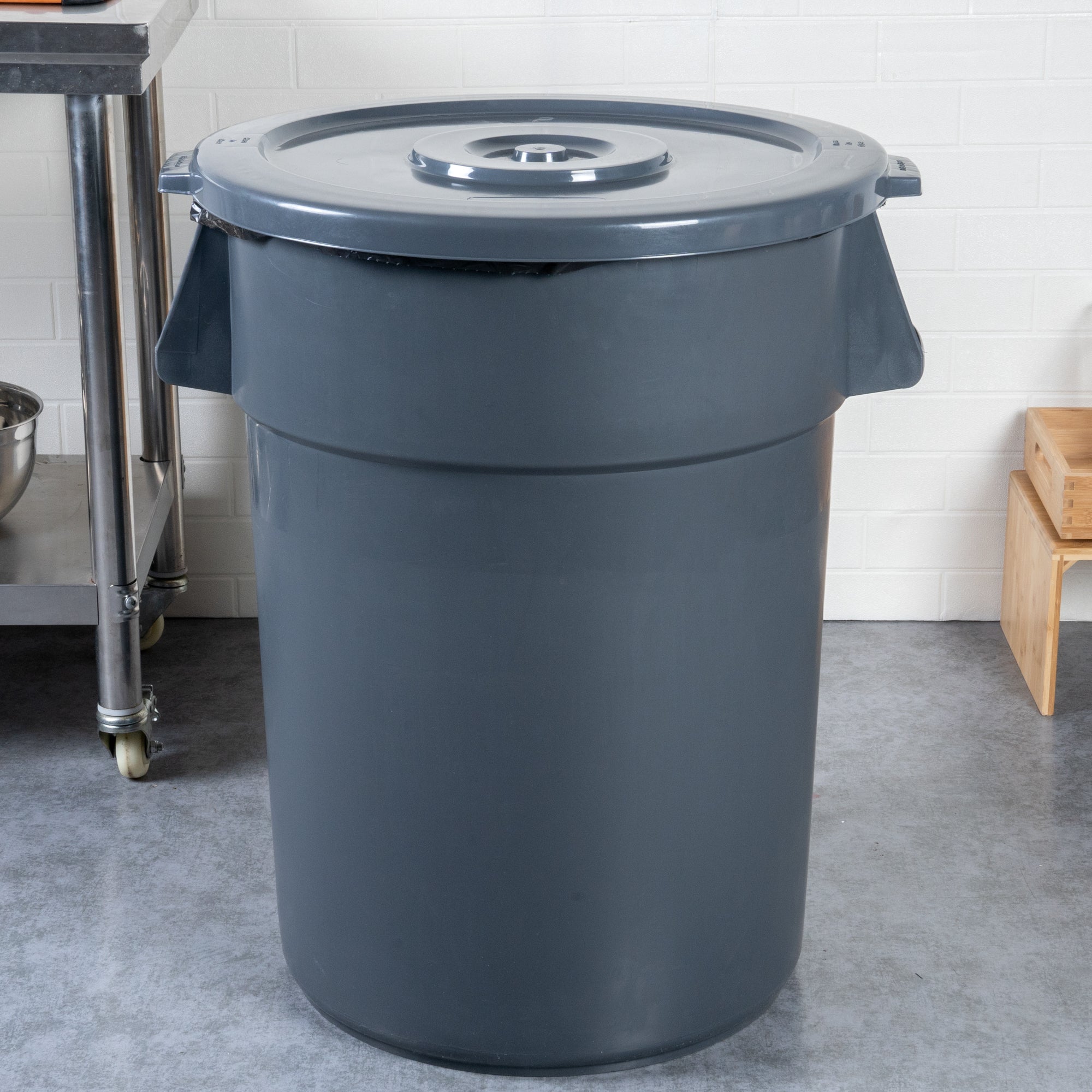 RW Clean Gray Plastic Commercial Trash Can / Ingredient Bin Lid - Fits 44 gal - 1 count box