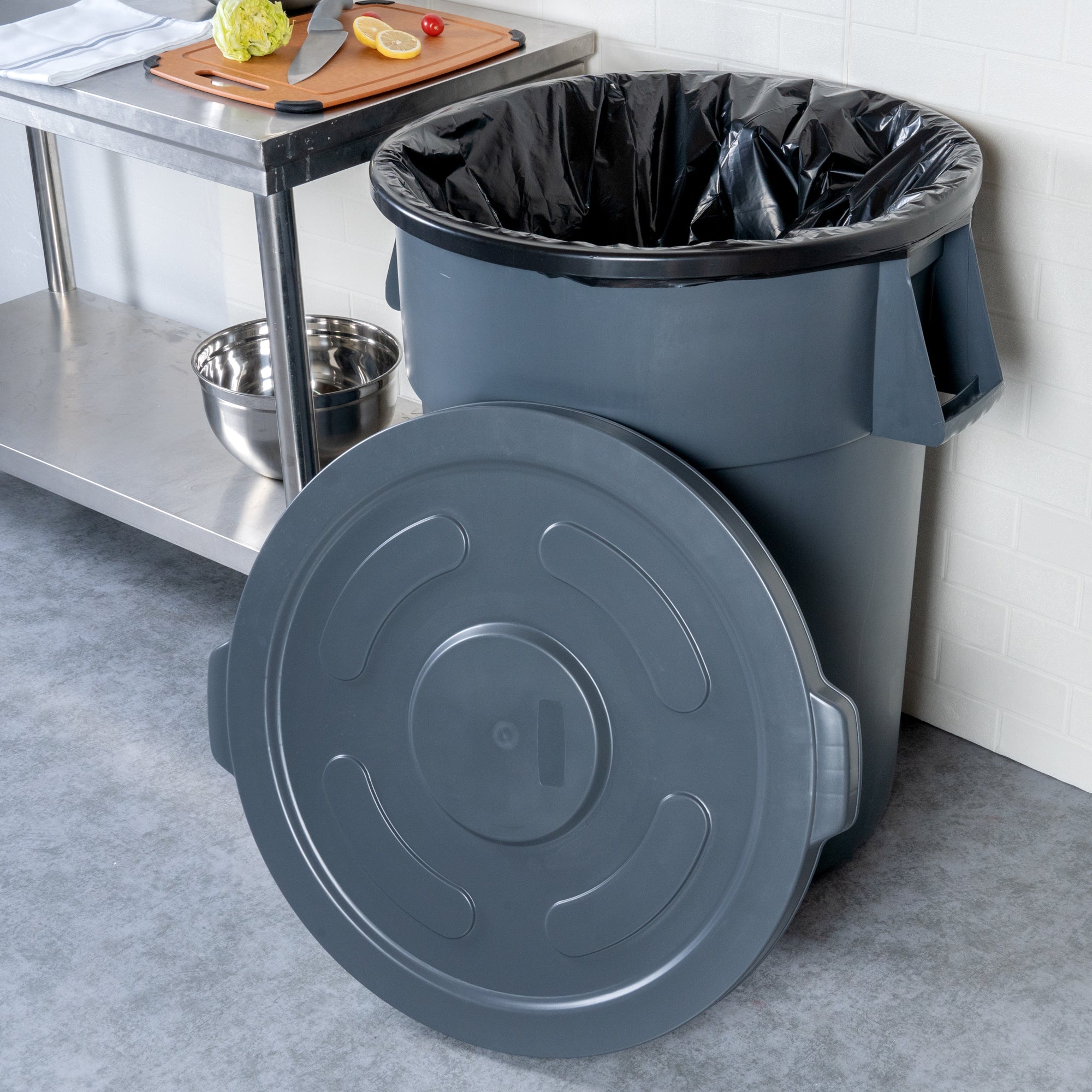 RW Clean Gray Plastic Commercial Trash Can / Ingredient Bin Lid - Fits 55 gal - 1 count box