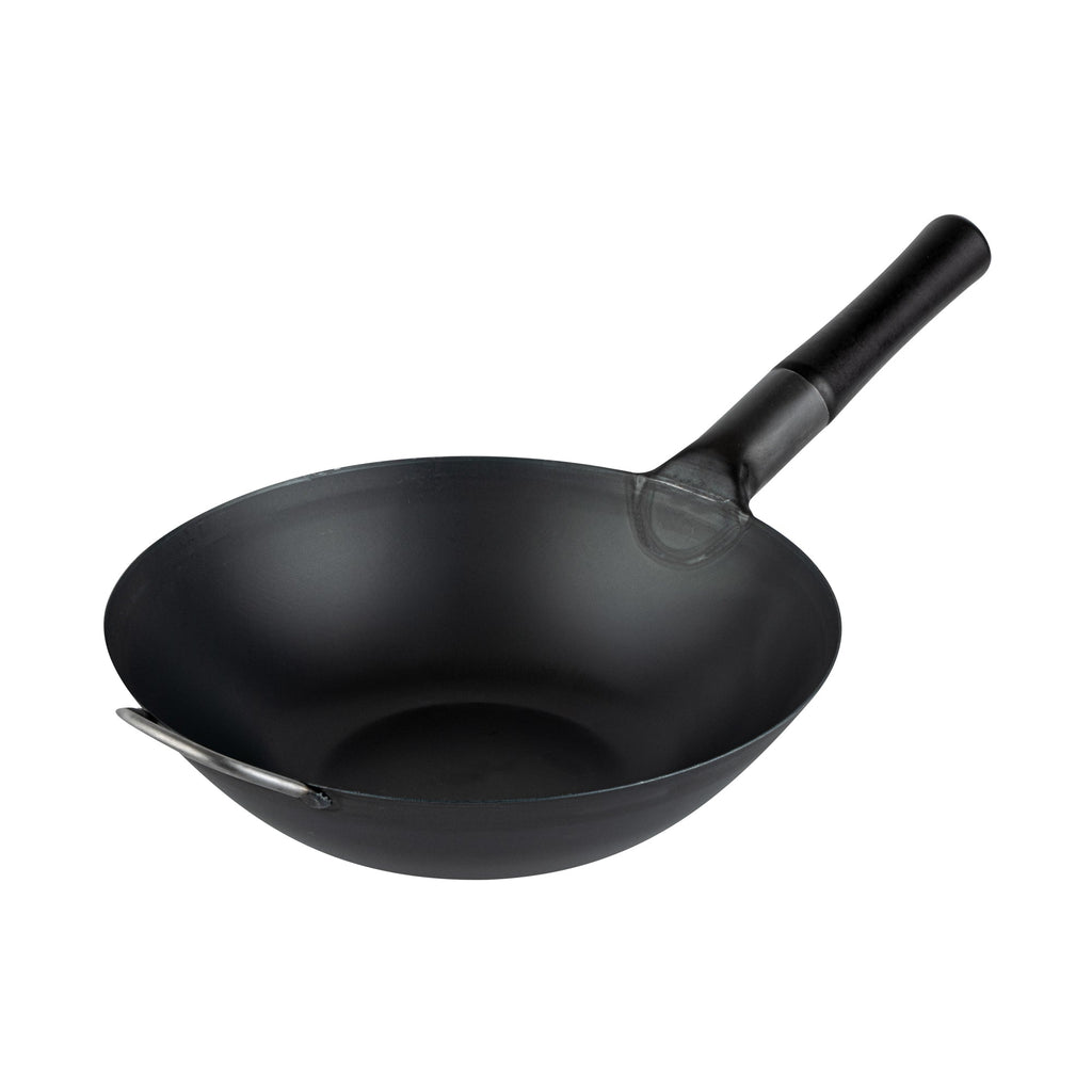 Motomori 12" Black Carbon Steel Flat Bottom Wok / Stir Fry Pan - Pre-seasoned, with Wooden Handle - 1 count box