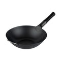 Motomori 12" Black Carbon Steel Flat Bottom Wok / Stir Fry Pan - Pre-seasoned, with Wooden Handle - 1 count box