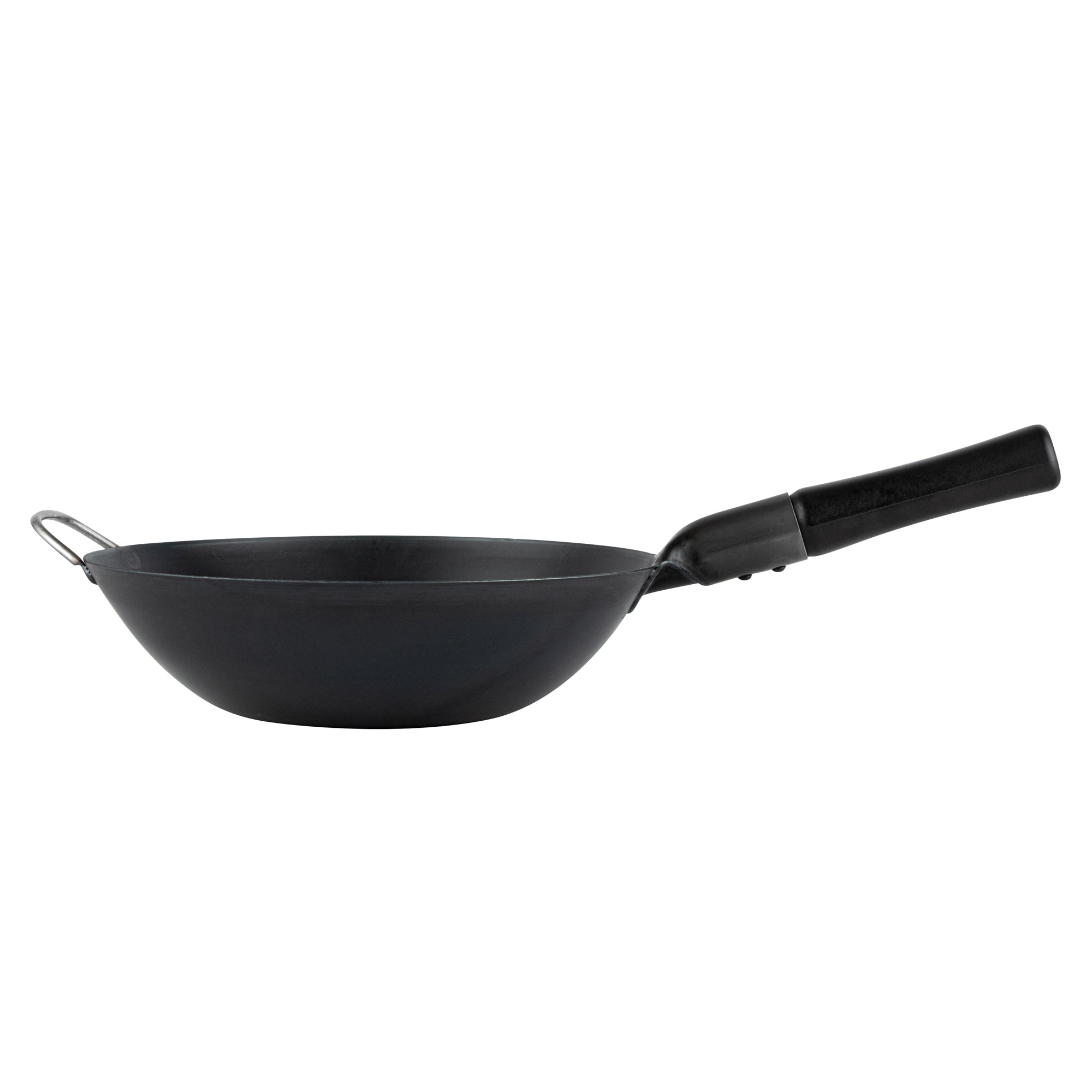 Motomori 12" Black Carbon Steel Flat Bottom Wok / Stir Fry Pan - Pre-seasoned, with Wooden Handle - 1 count box