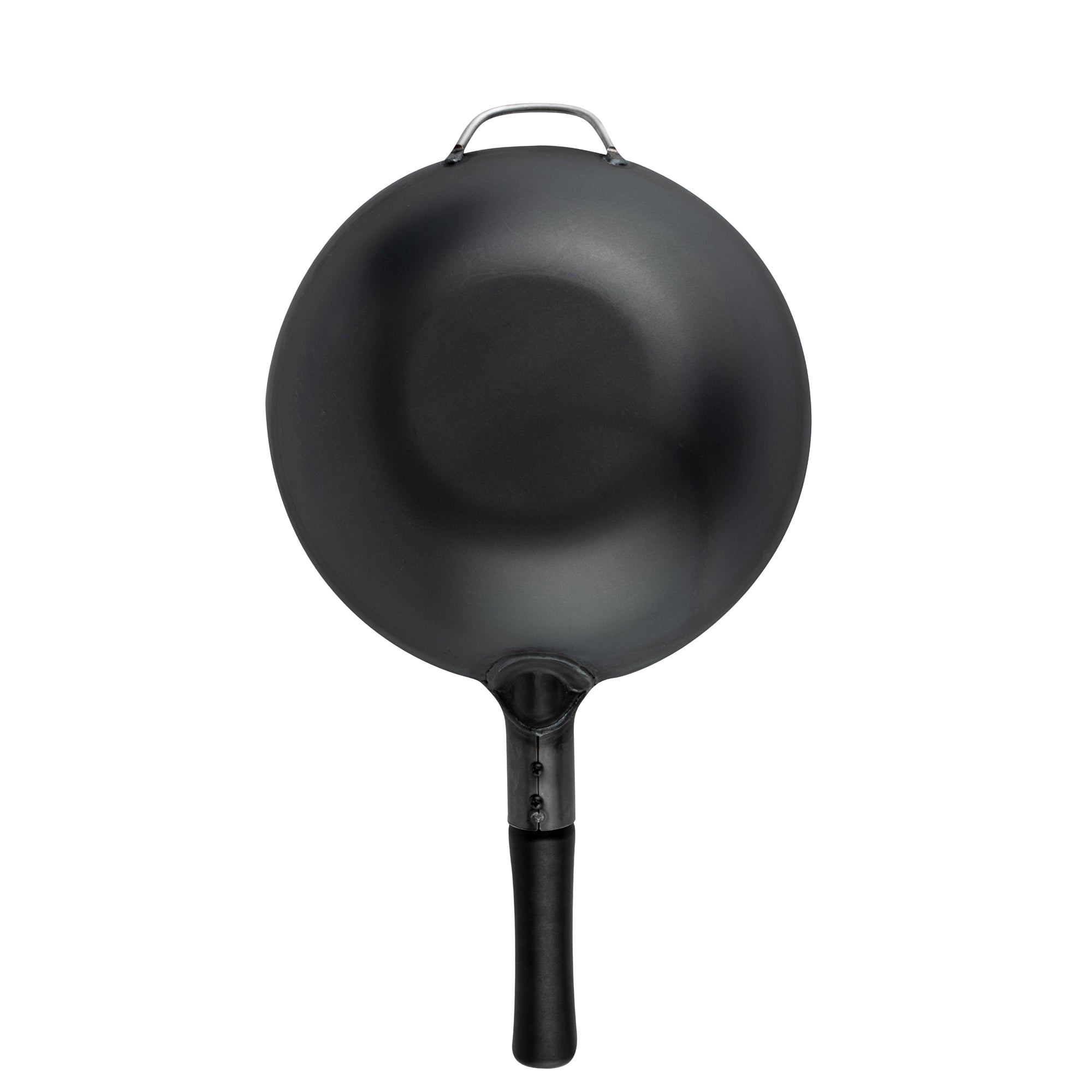 Motomori 12" Black Carbon Steel Flat Bottom Wok / Stir Fry Pan - Pre-seasoned, with Wooden Handle - 1 count box