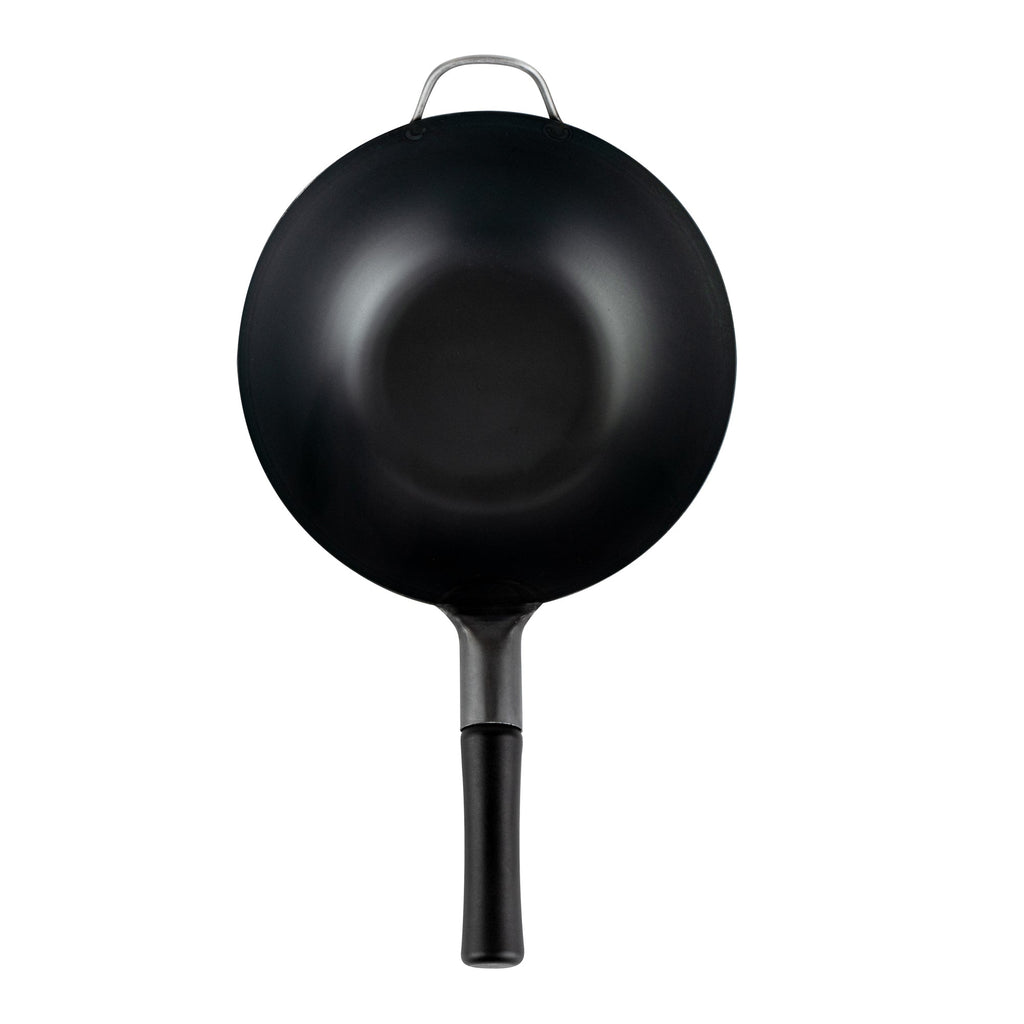 Motomori 12" Black Carbon Steel Flat Bottom Wok / Stir Fry Pan - Pre-seasoned, with Wooden Handle - 1 count box