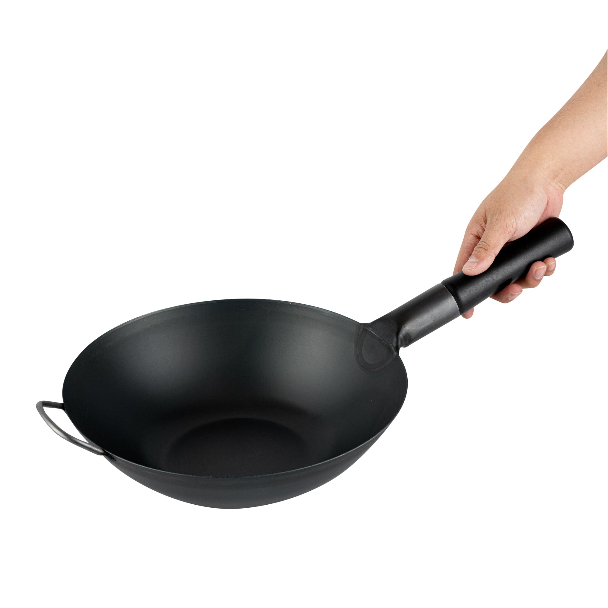 Motomori 12" Black Carbon Steel Flat Bottom Wok / Stir Fry Pan - Pre-seasoned, with Wooden Handle - 10 count box